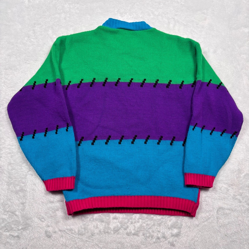 VTG 80s 90s Honors Patchwork Panda Sweater Women XS Colorblock Kidcore USA RARE - Picture 3 of 9